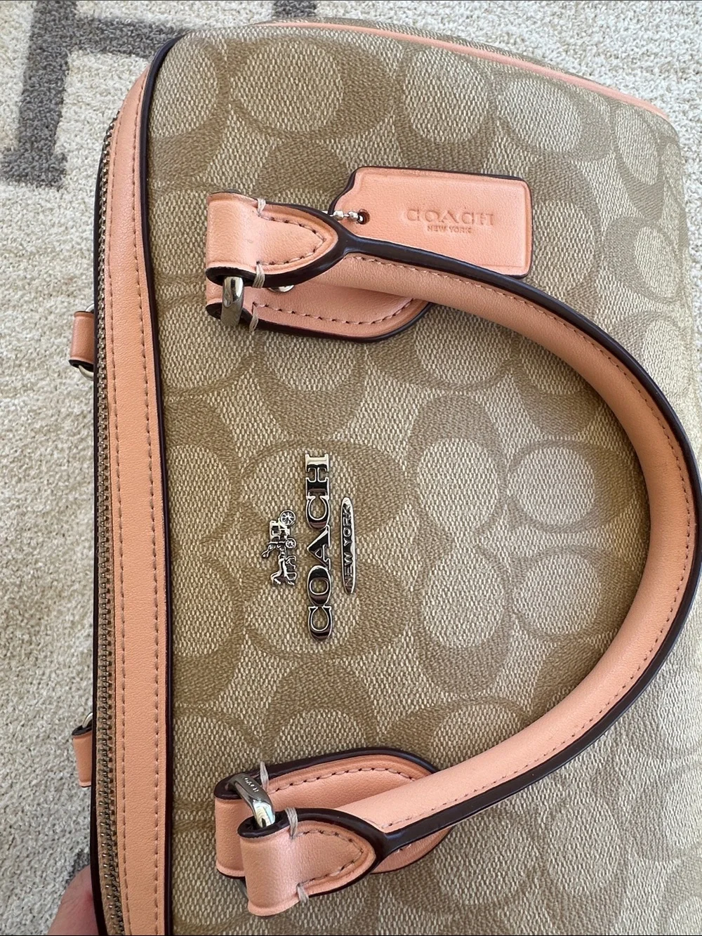Coach Beige Monogram Satchel with Pink Trim